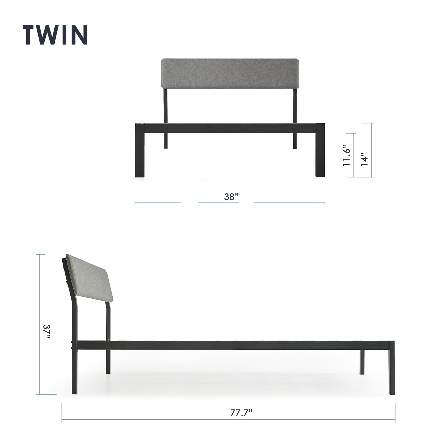 Twin Size Grey Soft Fabric Metal Headboard Platform Bed Wooden Slats - Image 5