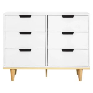 Modern Mid-Century Style 6-Drawer Double Dresser in White Natural Wood Finish