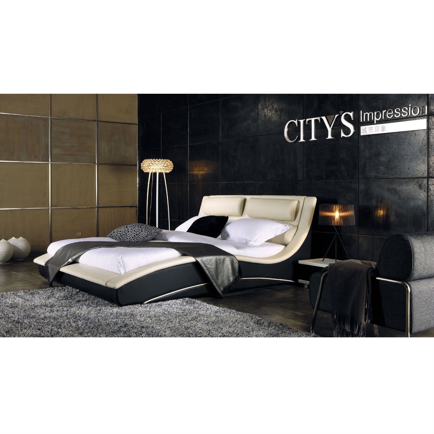 King size Modern Cream Black Faux Leather Upholstered Platform Bed with Headboard - Image 2
