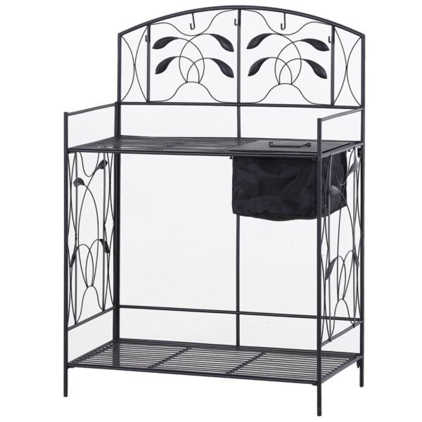 Black Metal Potting Bench with Wrought Iron Vine Details and Fabric Potting Sink - Image 3