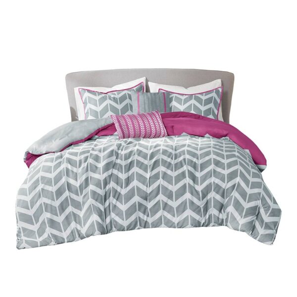 Twin Reversible Comforter Set with Grey White Purple Pink Chevron Pattern - Image 3