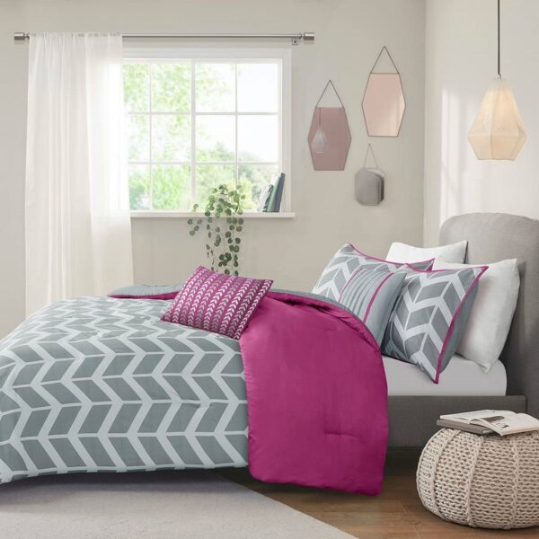 Twin Reversible Comforter Set with Grey White Purple Pink Chevron Pattern - Image 5