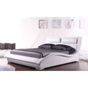 King size Modern White Faux Leather Platform Bed with Headboard