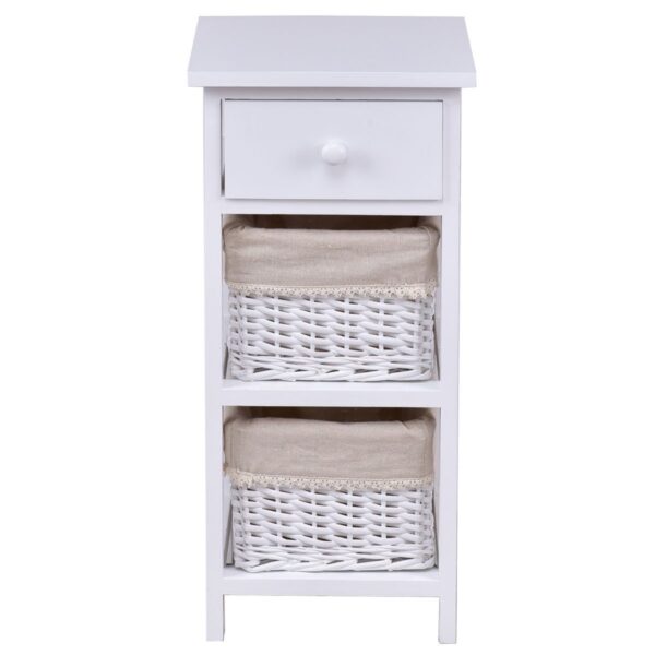 White Wood 1-Drawer End Table Nightstand with 2 Wicker Baskets - Image 2