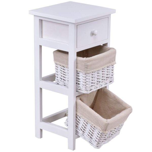 White Wood 1-Drawer End Table Nightstand with 2 Wicker Baskets - Image 3