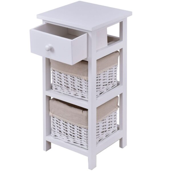White Wood 1-Drawer End Table Nightstand with 2 Wicker Baskets - Image 4