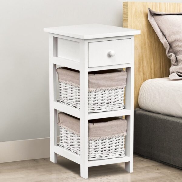 White Wood 1-Drawer End Table Nightstand with 2 Wicker Baskets - Image 5