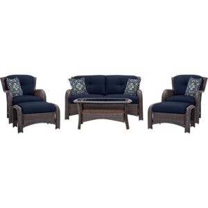 Outdoor 6-Piece Resin Wicker Patio Furniture Lounge Set with Navy Blue Cushions