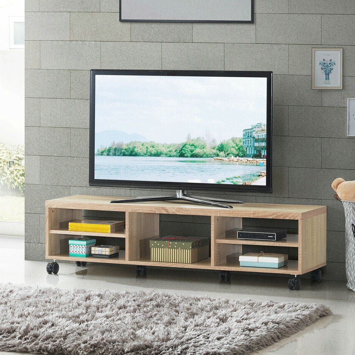 Rolling 60-inch TV Stand in Natural Wood Finish with 6-Wheels - Image 2