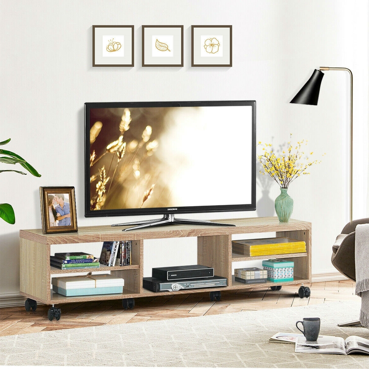 Rolling 60-inch TV Stand in Natural Wood Finish with 6-Wheels - Image 3