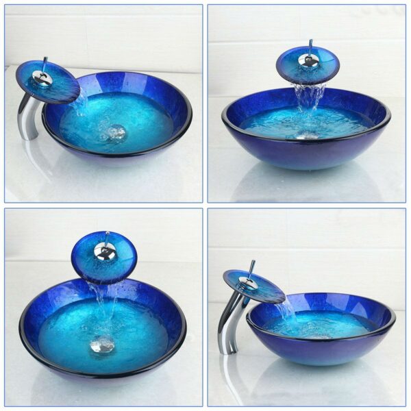 Modern Blue Glass Bathroom Vessel Sink and Faucet with Chrome Drain - Image 2