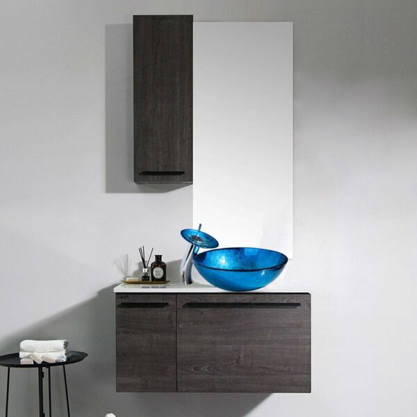 Modern Blue Glass Bathroom Vessel Sink and Faucet with Chrome Drain - Image 3