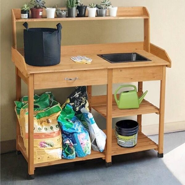Outdoor Garden Wood Potting Bench Work Table with Sink in Light Wood Finish - Image 2