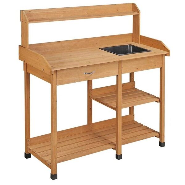 Outdoor Garden Wood Potting Bench Work Table with Sink in Light Wood Finish - Image 3