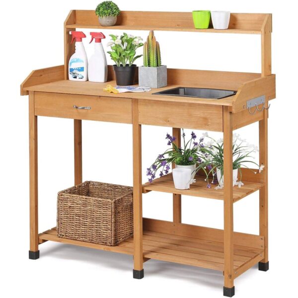 Outdoor Garden Wood Potting Bench Work Table with Sink in Light Wood Finish - Image 4