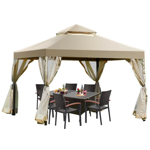 10 x 10 Ft Outdoor Gazebo with Tan Brown Polyester Canopy and Mesh Side Walls - Image 2