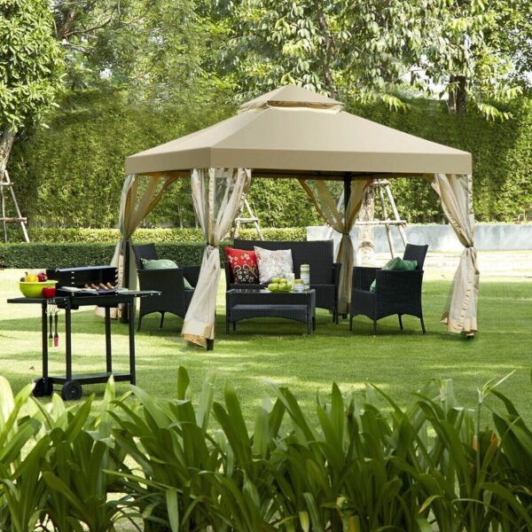 10 x 10 Ft Outdoor Gazebo with Tan Brown Polyester Canopy and Mesh Side Walls - Image 3