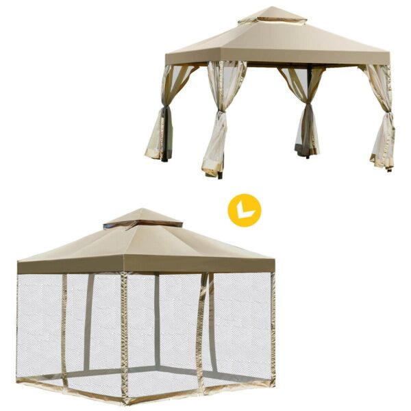 10 x 10 Ft Outdoor Gazebo with Tan Brown Polyester Canopy and Mesh Side Walls - Image 4
