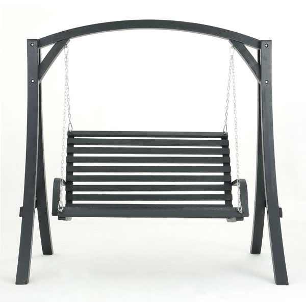 Outdoor Wooden Hanging Porch Swing with Stand in Grey Wood Finish - Image 2