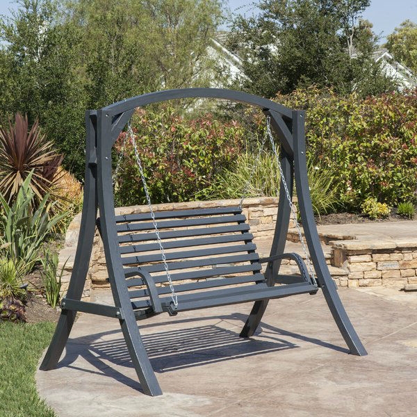 Outdoor Wooden Hanging Porch Swing with Stand in Grey Wood Finish - Image 5