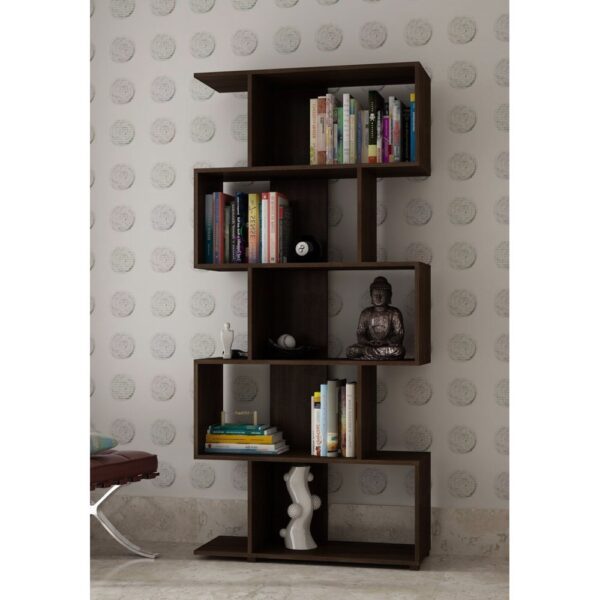 Modern Zig-Zag Bookcase with 5-Shelves in Dark Brown Finish - Image 2