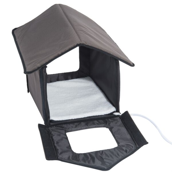 Heated Outdoor Cat House with Lamb Wool Padded Cats Bed in Brown - Image 2