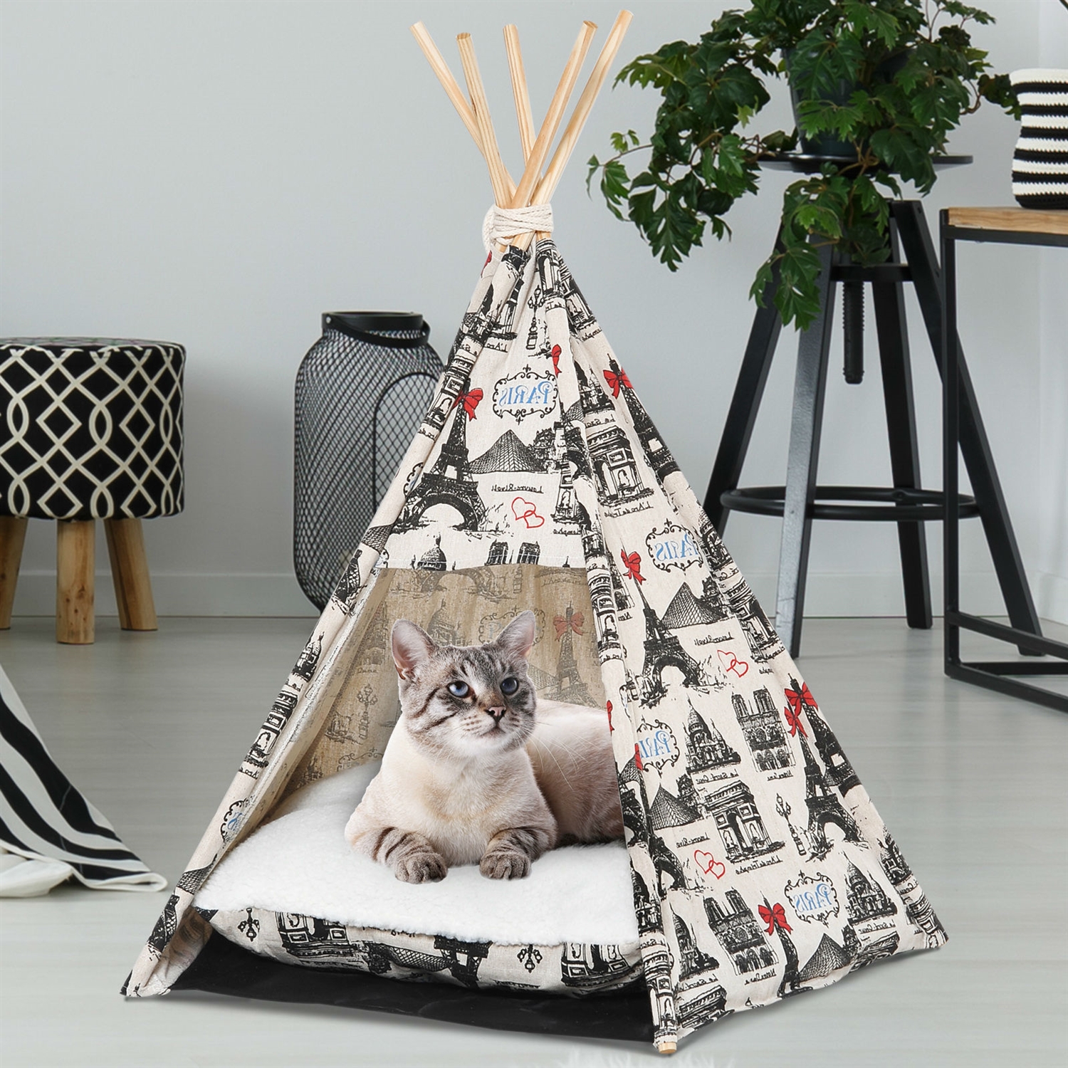 100% Cotton Foldable Teepee Tent Cat Dog Bed House Paris Theme - Image 2
