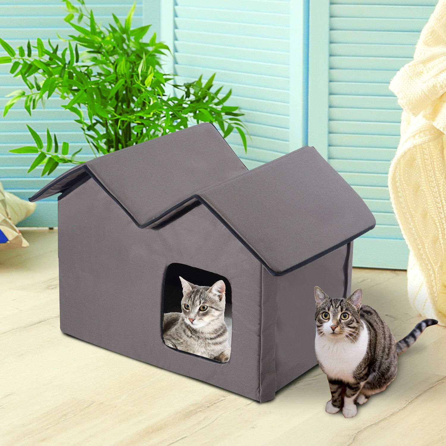 Heated Water-proof Double Wide Outdoor Cat Dog House Foldable Brown - Image 2