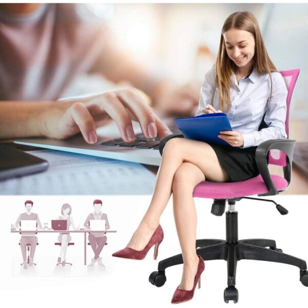 Pink Modern Mid-Back Ergonomic Mesh Office Desk Chair with Armrest on Wheels - Image 3