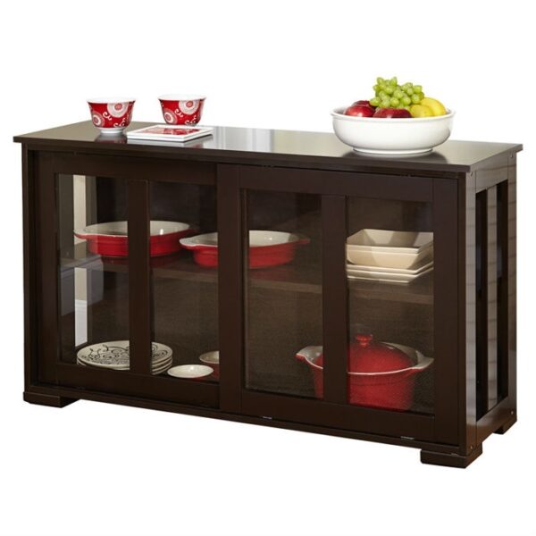 Espresso Sideboard Buffet Dining Kitchen Cabinet with 2 Glass Sliding Doors - Image 2