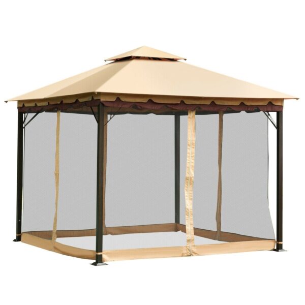 10 x 10 Ft Outdoor Gazebo with Taupe Brown Vented Canopy and Mesh Side Walls - Image 2
