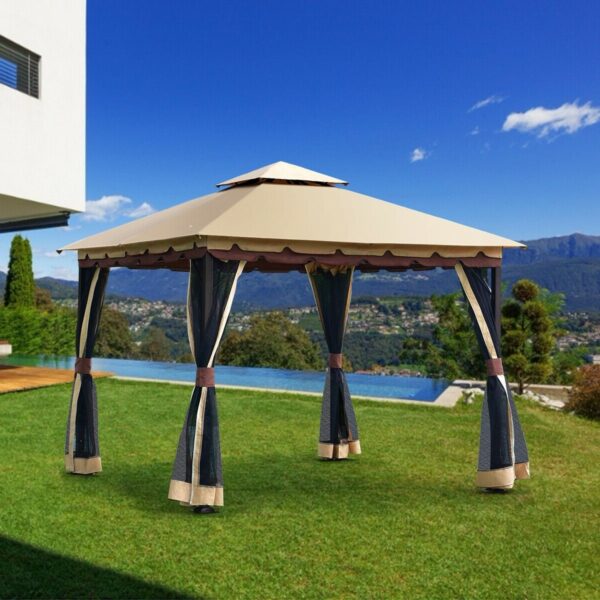 10 x 10 Ft Outdoor Gazebo with Taupe Brown Vented Canopy and Mesh Side Walls - Image 3