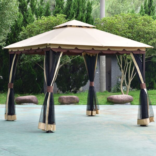 10 x 10 Ft Outdoor Gazebo with Taupe Brown Vented Canopy and Mesh Side Walls - Image 4