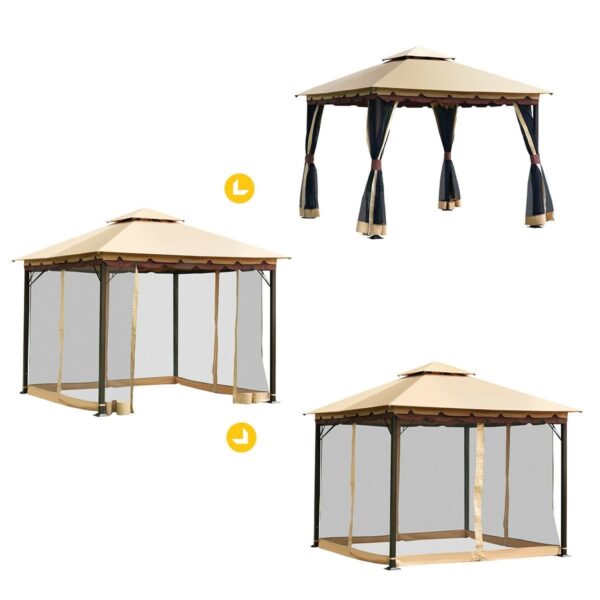 10 x 10 Ft Outdoor Gazebo with Taupe Brown Vented Canopy and Mesh Side Walls - Image 5