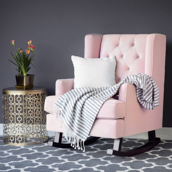 Pink Soft Tufted Upholstered Wingback Rocker Rocking Chair - Image 2