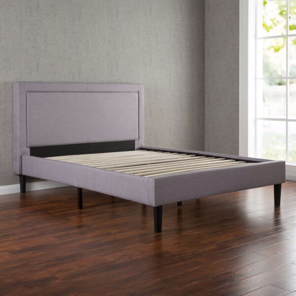 Queen size Platform Bed with Grey Upholstered Headboard and Piped Frame Detail - Image 2