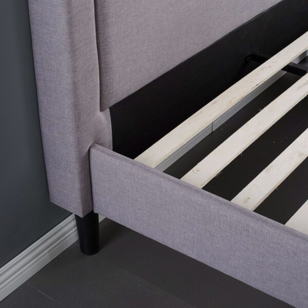 Queen size Platform Bed with Grey Upholstered Headboard and Piped Frame Detail - Image 3