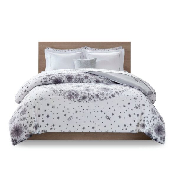 Queen size 8-piece White Grey Floral Pattern Microfiber Comforter Set - Image 2