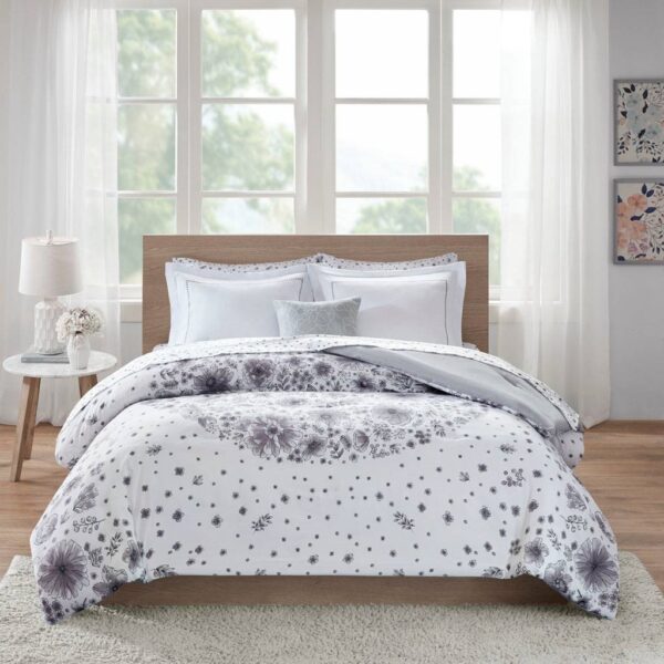 Queen size 8-piece White Grey Floral Pattern Microfiber Comforter Set - Image 3