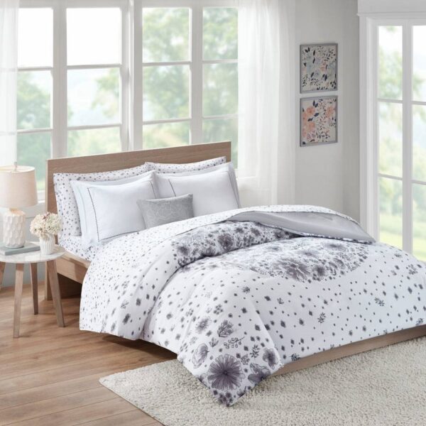 Queen size 8-piece White Grey Floral Pattern Microfiber Comforter Set - Image 4