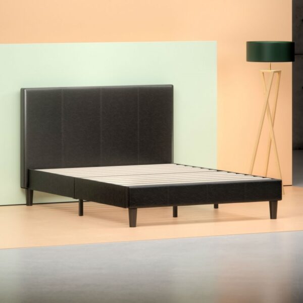 Queen Espresso Faux Leather Platform Bed Frame with Headboard - Image 2