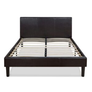 Queen Modern Platform Bed with Dark Brown Upholstered Faux Leather Headboard