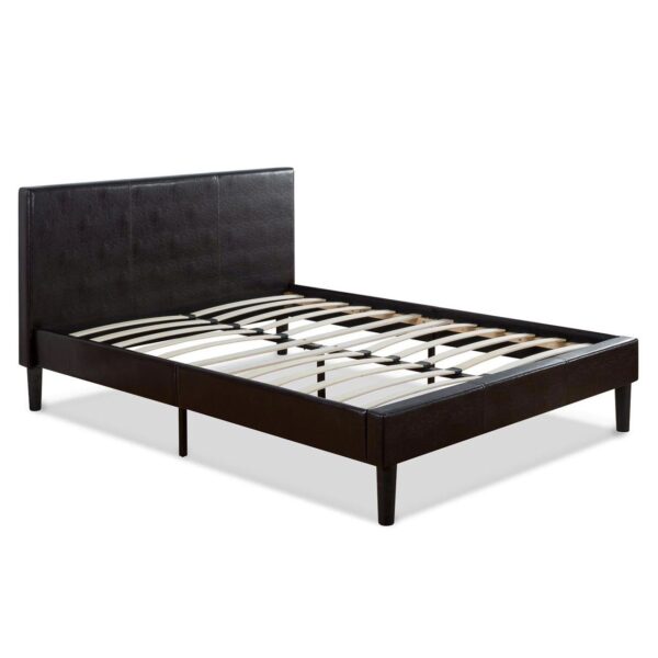 Queen Modern Platform Bed with Dark Brown Upholstered Faux Leather Headboard - Image 3