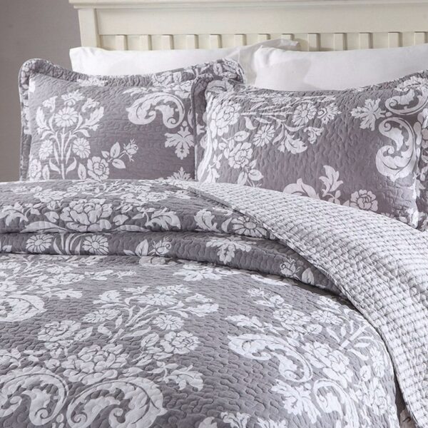 Queen 3-Piece Cotton Quilt Bedspread Set with Grey White Floral Pattern - Image 2