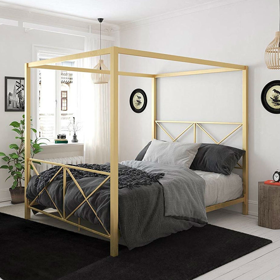 Queen size Modern Gold Metal Canopy Bed Frame with Headboard and Footboard - Image 2
