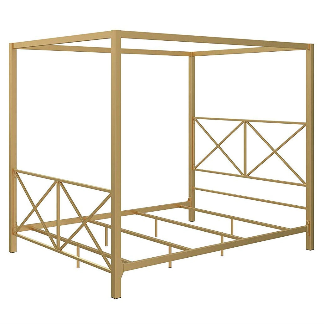 Queen size Modern Gold Metal Canopy Bed Frame with Headboard and Footboard - Image 3
