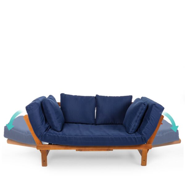 Navy Blue Outdoor Acacia Wood Convertible Sofa Futon with 4 Removable Pillows - Image 2