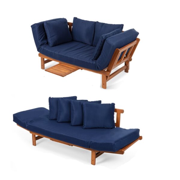 Navy Blue Outdoor Acacia Wood Convertible Sofa Futon with 4 Removable Pillows - Image 3