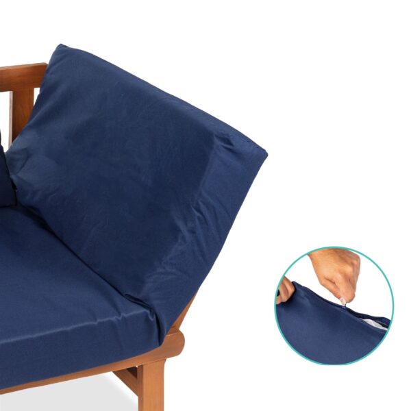 Navy Blue Outdoor Acacia Wood Convertible Sofa Futon with 4 Removable Pillows - Image 4
