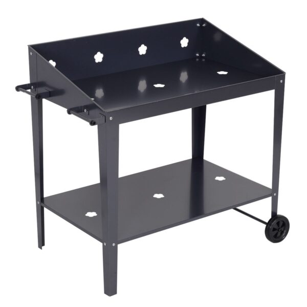 Black Metal Garden Potting Bench with Wheels - Image 2